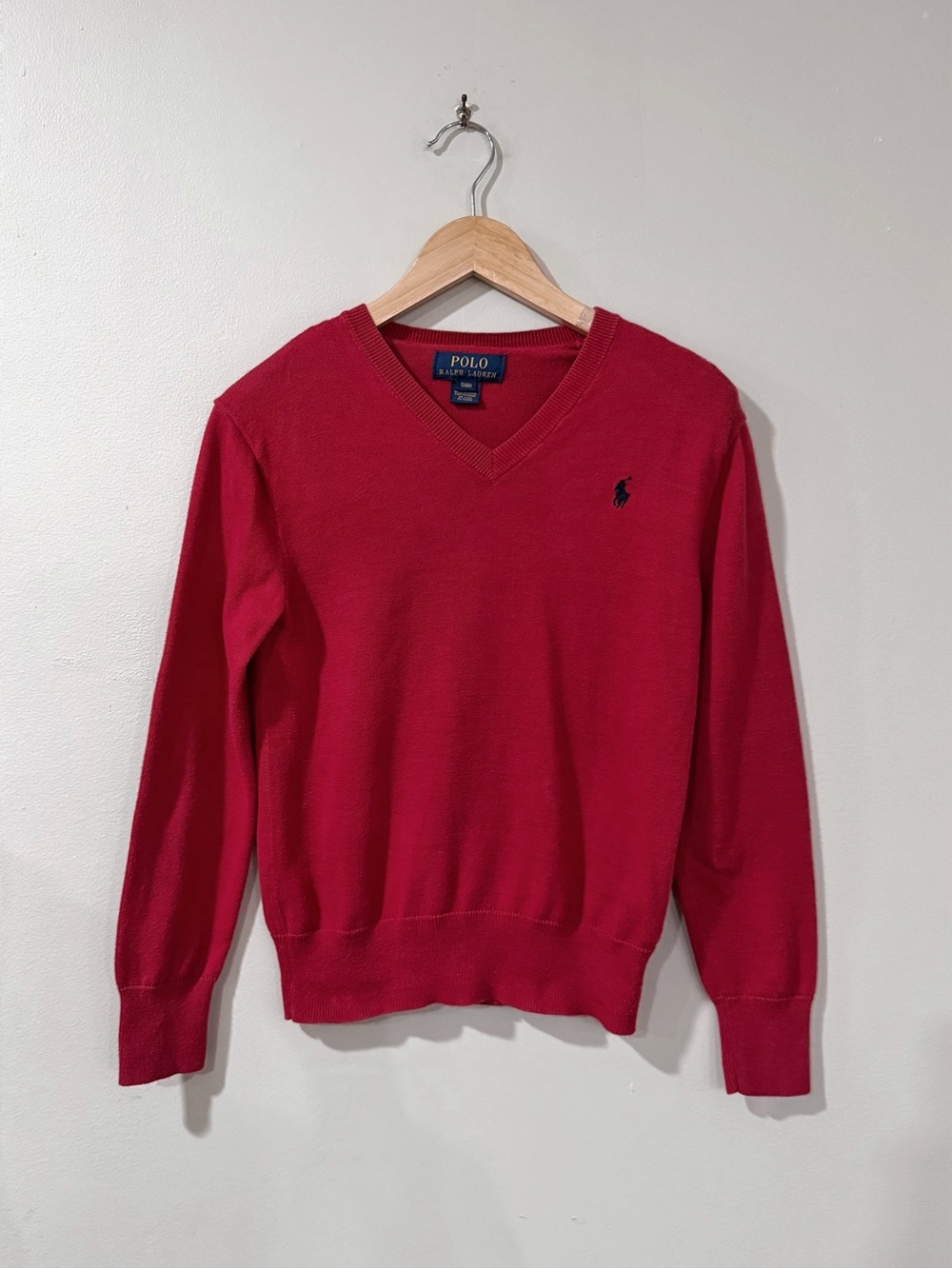 Polo Ralph Lauren Boys 8 Red Cotton V-Neck Sweater Elbow Patch Preppy